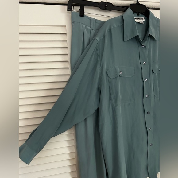 Vintage Teal Blue Silk Trouser Blouse Set - Picture 2 of 6